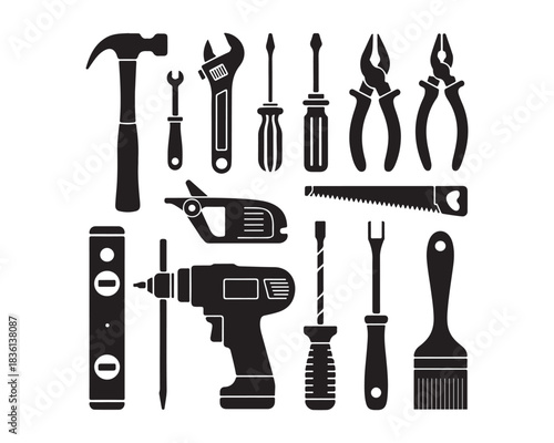 Construction and repair tools, hammer, wrench, screwdriver, hand saw, drill machine, toolbox black vector silhouettes illustration design set collection, construction tools silhouette, repair tools