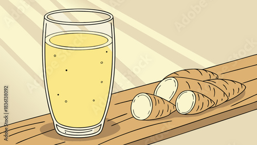 Glass of refreshing traditional cassava drink or beverage illustration next to raw peeled and sliced yuca root vegetables on a rustic wooden cutting board