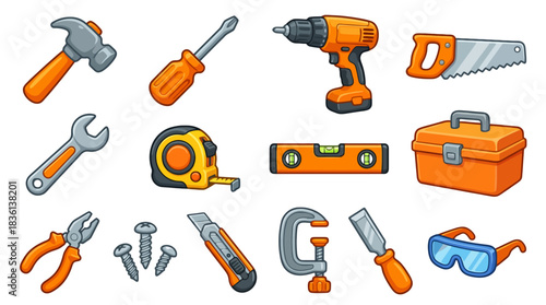 Get Ready to Build with this Essential Toolkit featuring a Hammer, Screwdriver, Drill, Saw, Wrench, Tape Measure, Level, Toolbox, and More!