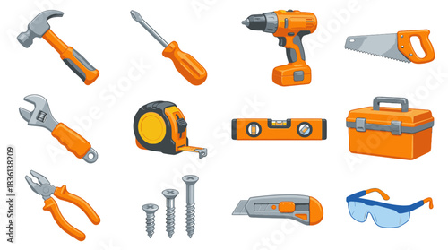 Essential tools set for DIY projects, repairs, and home improvement, complete with hammer, screwdriver, drill, saw, wrench, and more for all your needs