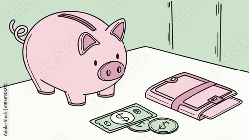 Piggy bank, wallet, cash, and coins illustration symbolizing careful financial management, smart investment strategies, personal economic growth, future planning, and budgeting.