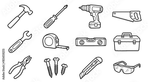 Handyman's essential tool kit for home repairs and DIY projects, featuring hammer, screwdriver, drill, saw, wrench, tape measure and safety glasses