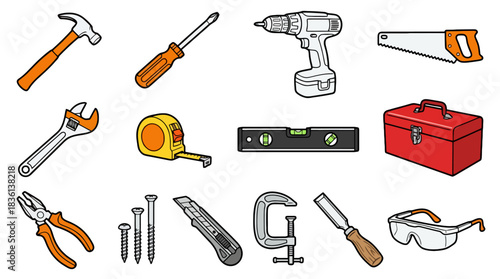 Essential tool kit for DIY projects and home repairs including wrench, drill, hammer, saw, tape measure and safety glasses for creative construction
