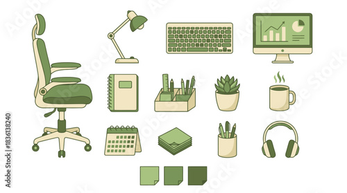 Organized workspace essentials for productive remote work, featuring ergonomic chair, computer, and coffee for a vibrant, calm, and creative environment