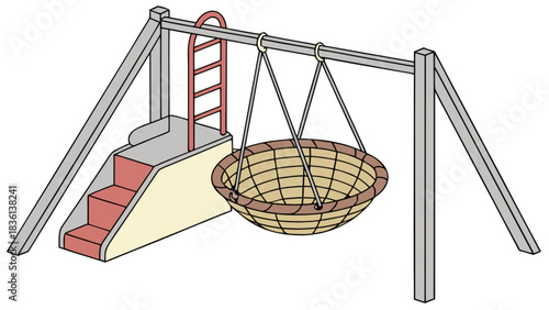 Playground set illustration featuring a modern basket swing and a traditional slide with steps, designed for children's outdoor recreation and fun activities.