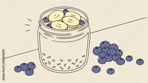 Healthy breakfast illustration of overnight oats in a clear glass jar, topped with fresh banana slices and vibrant blueberries, scattered berries on table, nutritious meal, simple food art