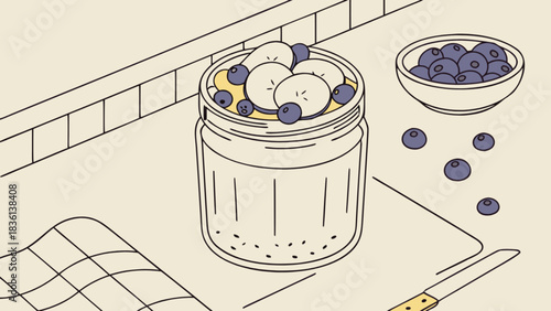 Overnight oats with banana and blueberries in a glass jar, a nutritious breakfast option, hand-drawn illustration depicting healthy food preparation on a kitchen countertop.