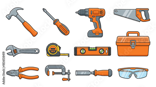 Handyman's essential toolkit with hammer, screwdriver, drill, saw, wrench, tape measure, level, toolbox, pliers, clamp, chisel, and safety glasses