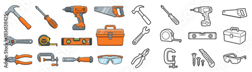 Handyman's essential toolkit with hammer, screwdriver, drill, saw, wrench, tape measure, level, toolbox, pliers, clamp, chisel, and safety glasses