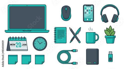 Modern workspace essentials with laptop, phone, and coffee for a productive day, perfect for showcasing digital lifestyle and remote work inspiration