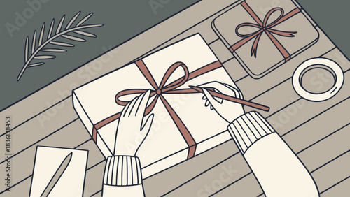 Preparing a thoughtful present for a special occasion, hands carefully tying a festive ribbon around a gift box on a stylish wooden table, surrounded by other gifts and decorations.