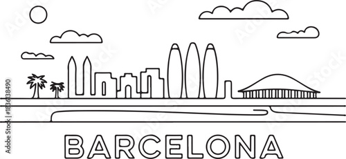 Continuous line illustration of the Barcelona skyline from a beach view in a minimal elegant outline drawing