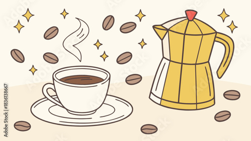 Morning coffee ritual illustration featuring a steaming cup, classic italian moka pot, and scattered roasted coffee beans, a warm and energizing beverage concept vector.