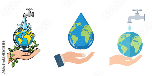 Save Water Concept with Globe, Water Drop, and Faucet