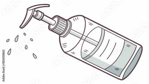 Cartoon line art vector illustration of a clear plastic spray bottle tilted with liquid droplets misting from the nozzle, symbolizing cleaning, sanitizing, hygiene, and refreshing.