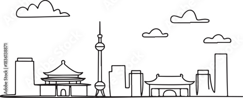 Continuous line illustration of the Beijing skyline from the Drum Tower view in a minimal elegant outline drawing
