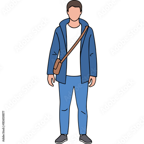 Full body illustration of a man wearing a blue jacket white t shirt and blue pants with a brown crossbody bag against a black background