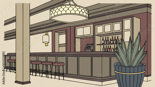 Stylized empty bar interior with stools, bottles on shelves, and a decorative light fixture, featuring a potted plant in the foreground, perfect for concepts of nightlife and relaxation