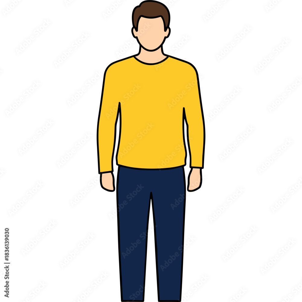 Fototapeta premium Full Body Portrait of a Man Standing Wearing a Yellow Long Sleeve Shirt and Dark Blue Pants Against a Black Background