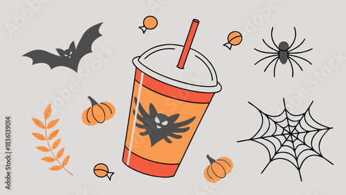 Festive halloween themed illustration with a spooky bat drink cup, spider, web, pumpkin, candy, and autumn leaf, perfect for holiday events and fall designs
