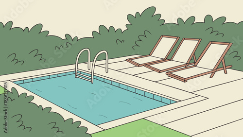 Outdoor swimming pool with crystal clear blue water, surrounded by lush green bushes and a concrete patio featuring three empty wooden lounge chairs, cartoon illustration.
