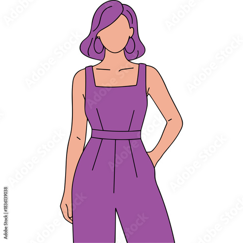 Full Body Portrait of a Faceless Woman Standing Confidently Wearing a Stylish Purple Jumpsuit with Square Neckline and Belt Detail Against a Solid Black Background