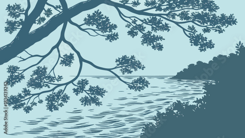 Stylized natural landscape with a large tree branch extending over calm water, a serene view of a tranquil lake or sea with a distant forested coastline under a clear sky.