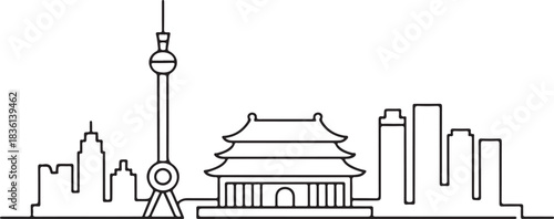 Continuous line illustration of the Beijing skyline from the Tiananmen Square viewpoint in a minimal elegant outline drawing