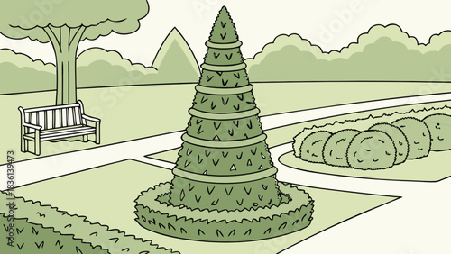 Serene park landscape illustration featuring a towering conical topiary tree, a charming wooden bench under a large shady tree, manicured bushes, and winding paths, tranquil.