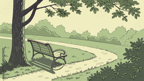 Serene park landscape vector illustration featuring an empty wooden bench nestled under a shady tree, a winding pedestrian pathway, and lush green foliage, ideal for tranquil themes.