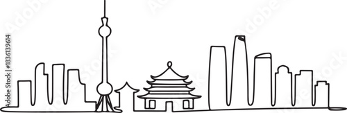 Continuous line illustration of the Beijing skyline from the Drum Tower view in a minimal elegant outline drawing