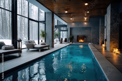 Wallpaper Mural Serene Indoor Pool: A modern indoor swimming pool, boasting a serene atmosphere with expansive windows framing a snowy landscape, invites relaxation. Featuring elegant loungers. Torontodigital.ca