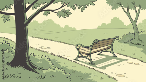 Idyllic hand-drawn illustration of a peaceful public park landscape featuring a classic empty wooden bench along a winding gravel path, shaded by lush green trees and bushes under a soft sky.