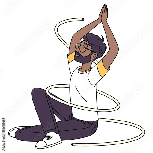 Person with beard and glasses in yoga pose with hula hoops