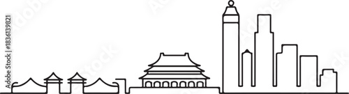 Continuous line illustration of the Beijing skyline with the Forbidden City roofline in a minimal elegant outline drawing