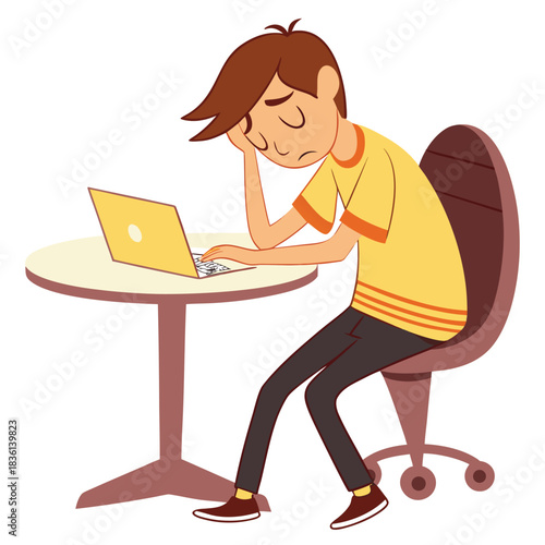 Tired young person struggling with work on a laptop at a round table