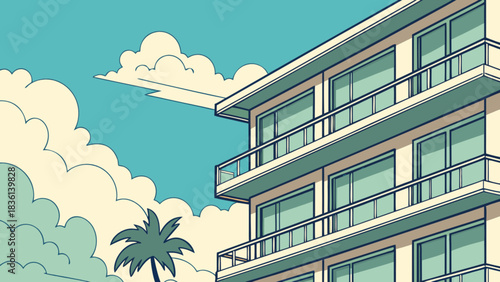 A retro-inspired vector illustration of a modern multi-story building with balconies and large windows under a serene blue sky with fluffy white clouds and a lush tropical palm tree.