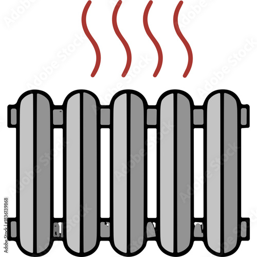 Gray radiator heating element with red wavy steam rising against a black background indicating warmth and comfort in a room