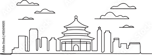 Continuous line illustration of the Beijing skyline with the Temple of Heaven arc in a minimal elegant outline drawing
