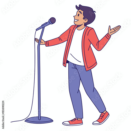 Young person enthusiastically performing into a microphone on stage