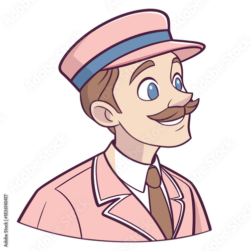 Cheerful cartoon man in a pink hat and jacket with a mustache