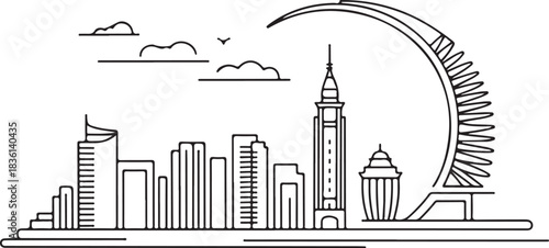 Continuous line illustration of the Beirut skyline with a Corniche arc in a minimal elegant outline drawing