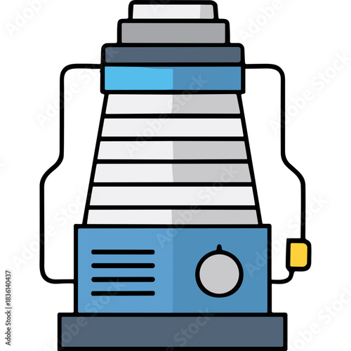 Gray and blue stacked portable air purifier with control knob and yellow handle on a dark gray base and a black background