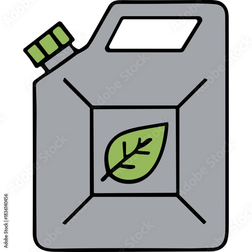 Gray Fuel Can with Green Leaf Symbol Promoting Eco-Friendly Energy and Sustainable Resources Vector Illustration