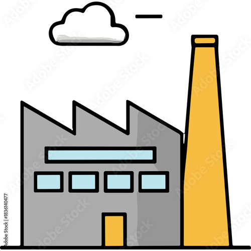 Gray Industrial Building With Tall Yellow Chimney And Light Blue Windows Against Black Background