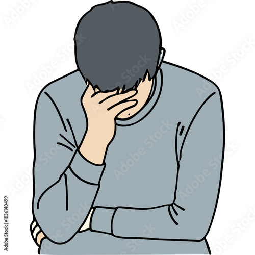 Gray Man Wearing Gray Long Sleeved Shirt Holding His Forehead With His Hand Showing Sadness And Disappointment Against Black Background Studio Shot