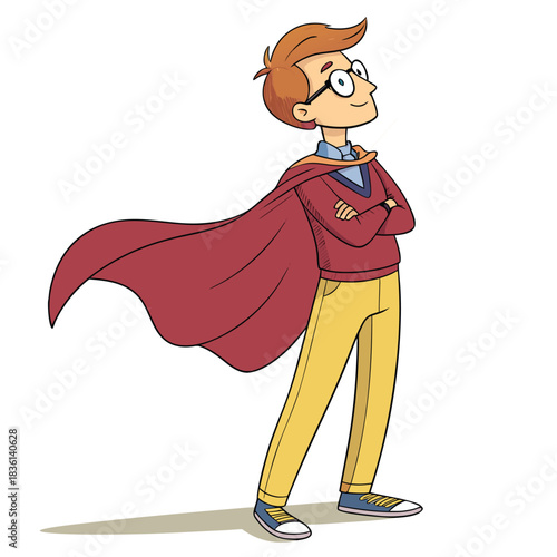 Young boy in superhero cape and glasses stands proudly with arms crossed