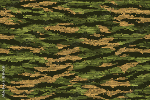 A seamless pattern of japanese tiger stripes in olive green and black, designed for military uniforms with a camouflage effect.Camouflage seamless pattern. Tiger stripe camouflage pattern. 