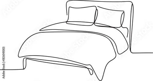 Continuous Line Art Illustration of a Bed with Blanket Folds and Pillow in Soft Sketch Contour