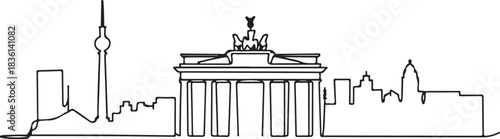 Continuous line illustration of the Berlin skyline with the Brandenburg Gate in a minimal elegant outline drawing